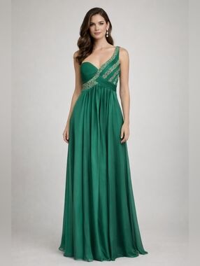 Emerald One-Shoulder Evening Gown with Beaded Accents SMALL